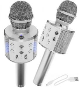 Mikrofon karaoke z głośnikiem srebrny
