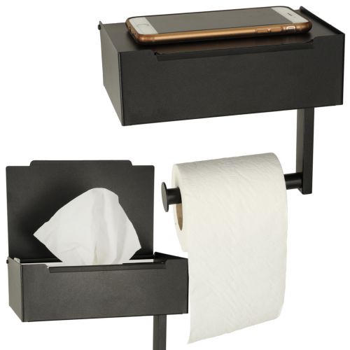 Uchwyt na papier toaletowy z półką schowkiem na chusteczki 3w1 czarny